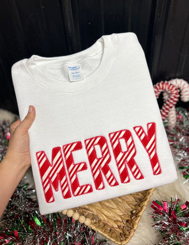 Merry Candy Cane Stripe Applique Christmas Sweatshirt