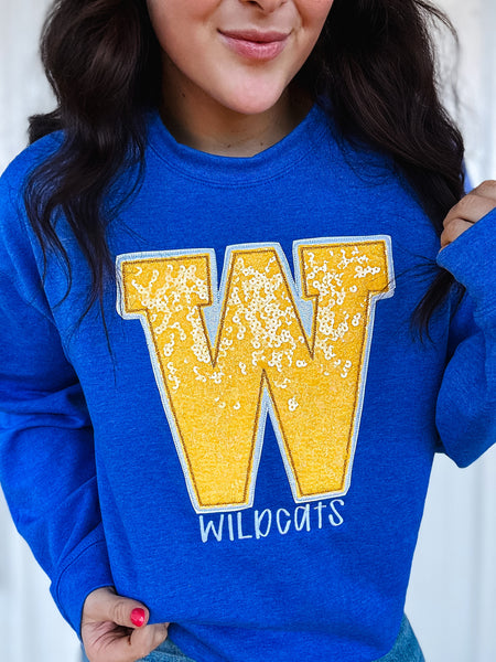 Glitter + Sequin Varsity Lettwr Appliqué Sweatshirt