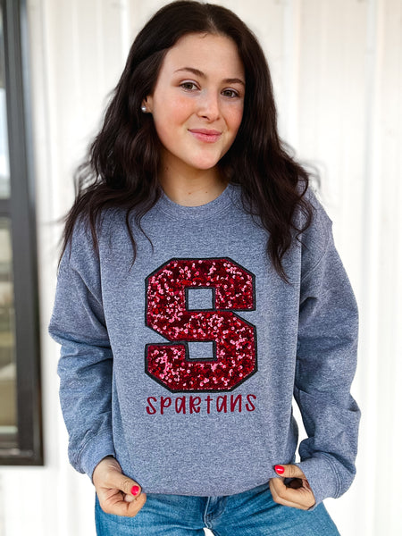 Glitter + Sequin Varsity Lettwr Appliqué Sweatshirt