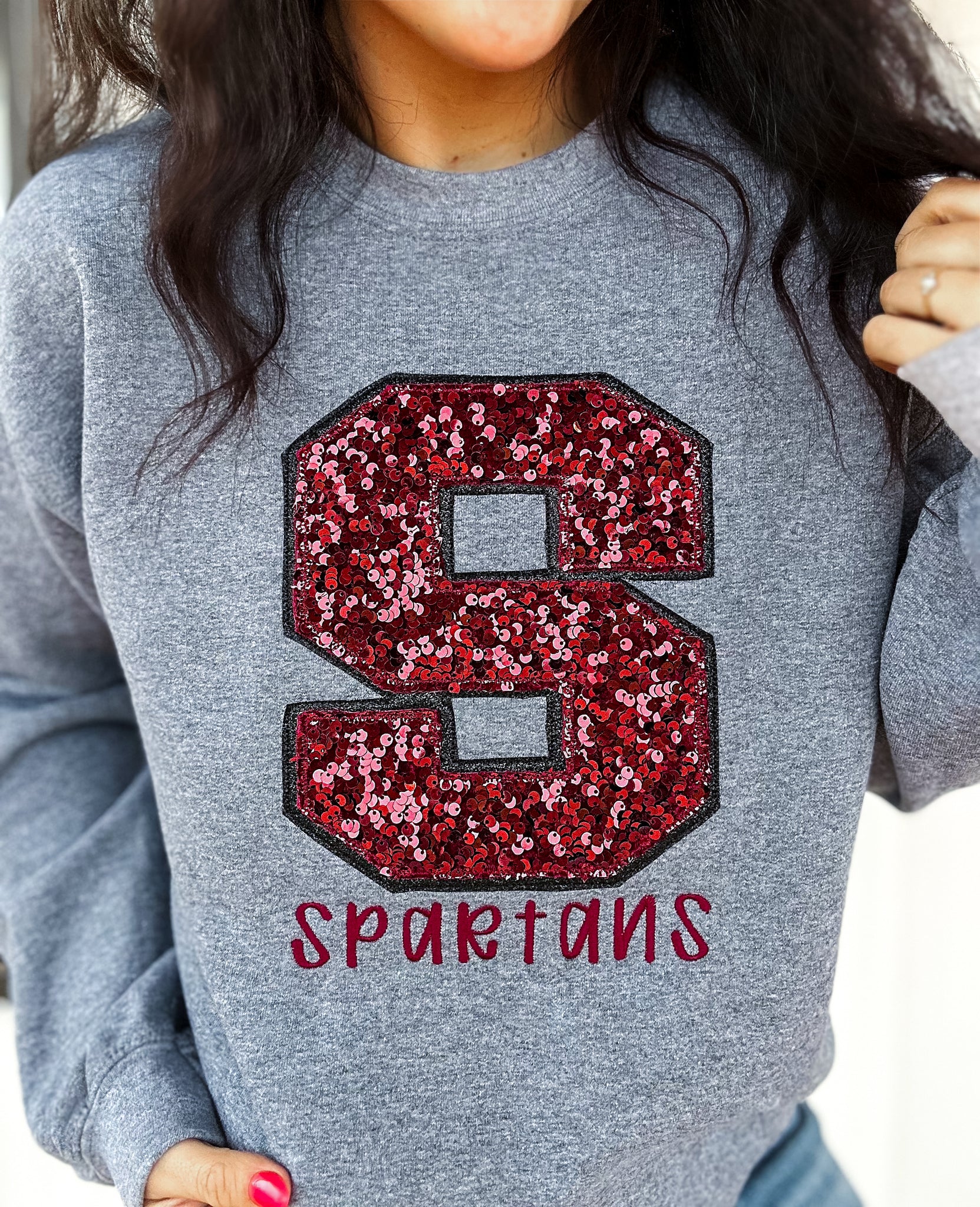 Glitter + Sequin Varsity Lettwr Appliqué Sweatshirt