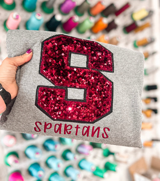 Glitter + Sequin Varsity Lettwr Appliqué Sweatshirt