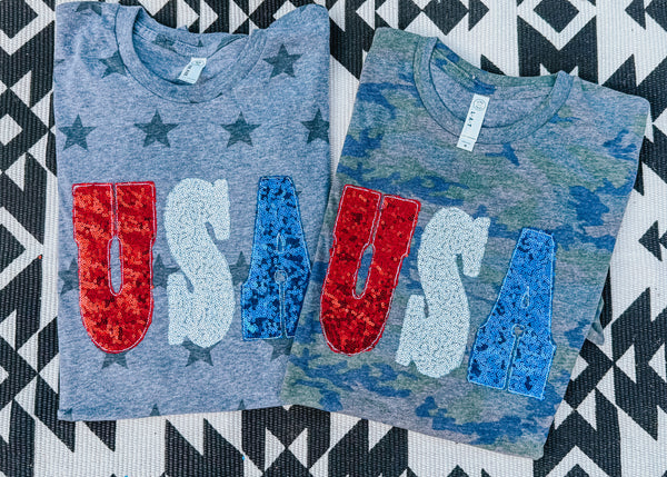 USA Sequin Applique Embroidered Tee