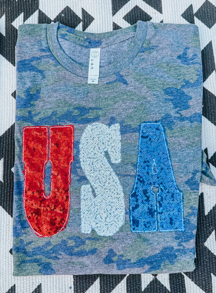 USA Sequin Applique Embroidered Tee