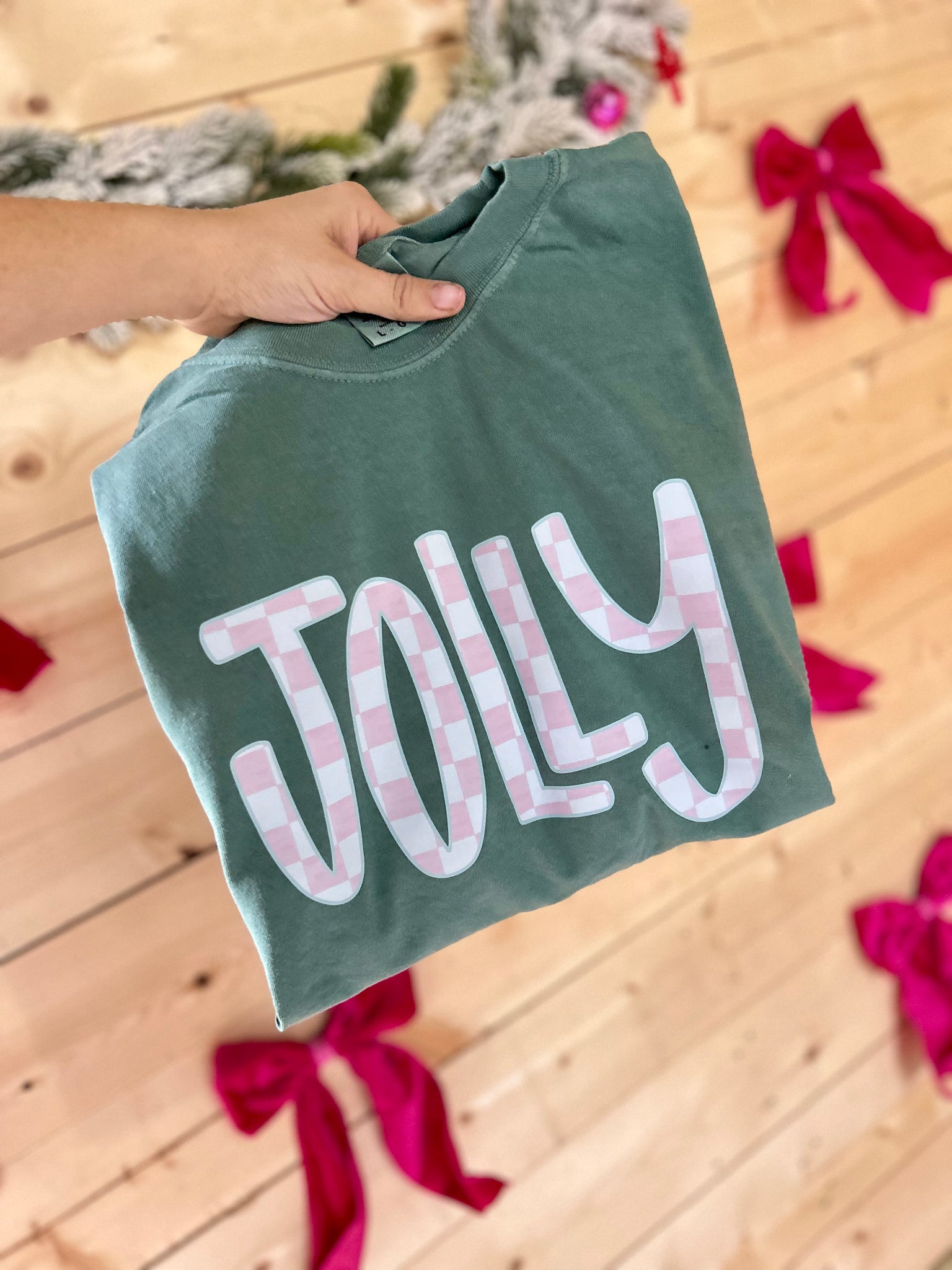 Jolly Pink Plaid Christmas Graphic Tee