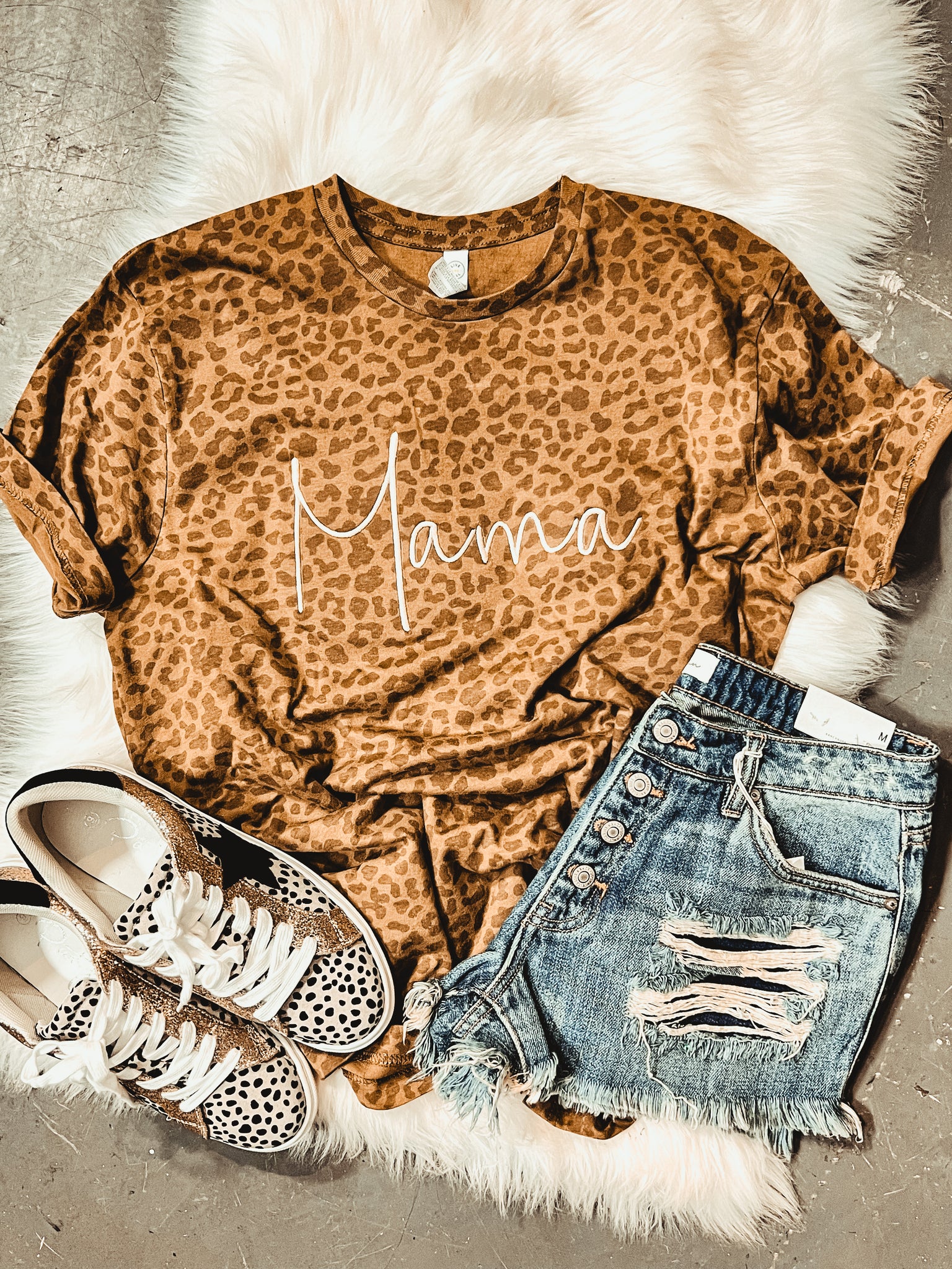 Mama Embroidered Brown Leopard Tee